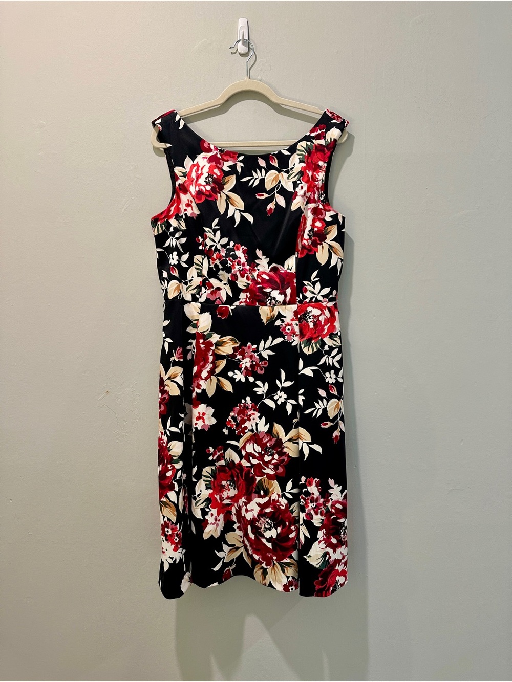 White House Black Market Black Midi Dress with Red and Cream Floral Print